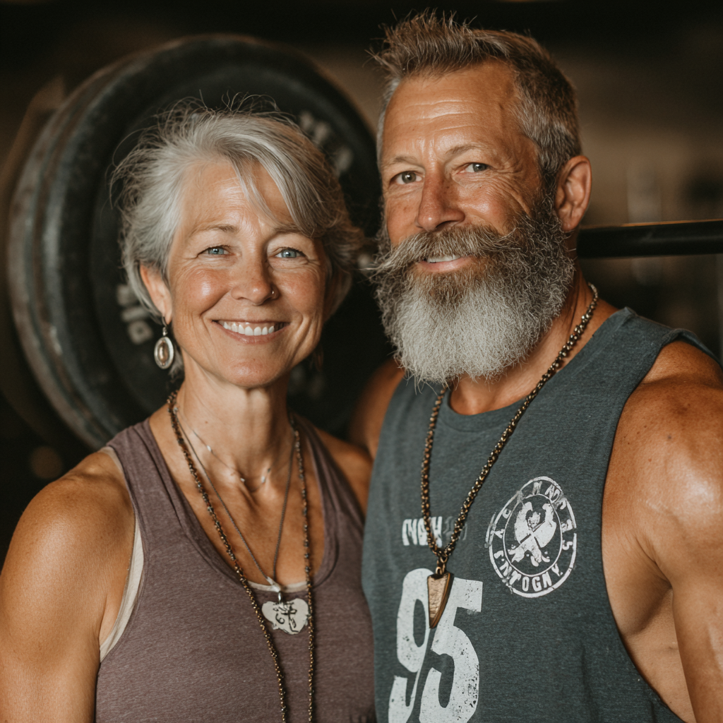 Bărbat și femeie în vârstă de 55 de ani antrenându-se împreună la zambrekiln, zâmbind și ridicând greutăți