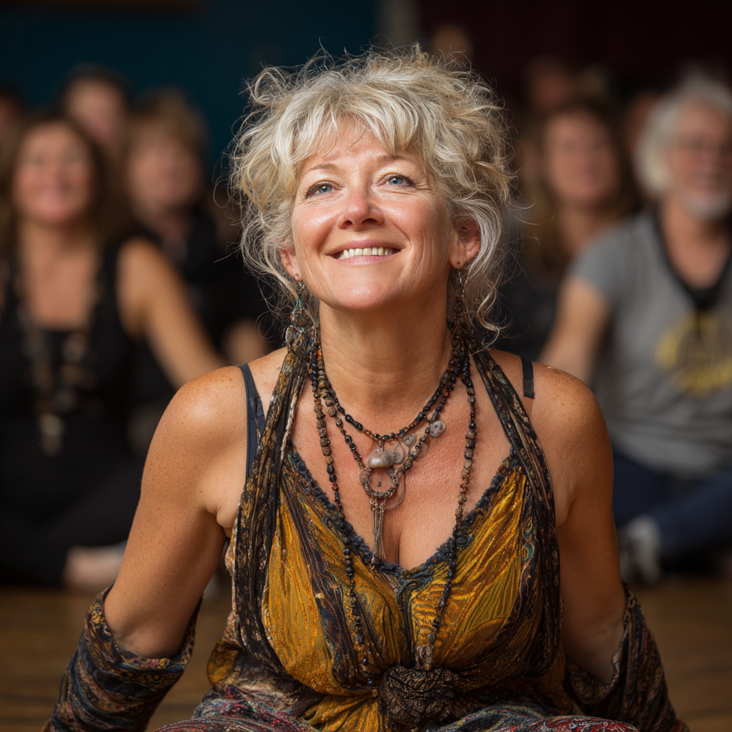 Femeie în vârstă de 58 de ani făcând exerciții de stretching la zambrekiln, cu o expresie relaxată și fericită