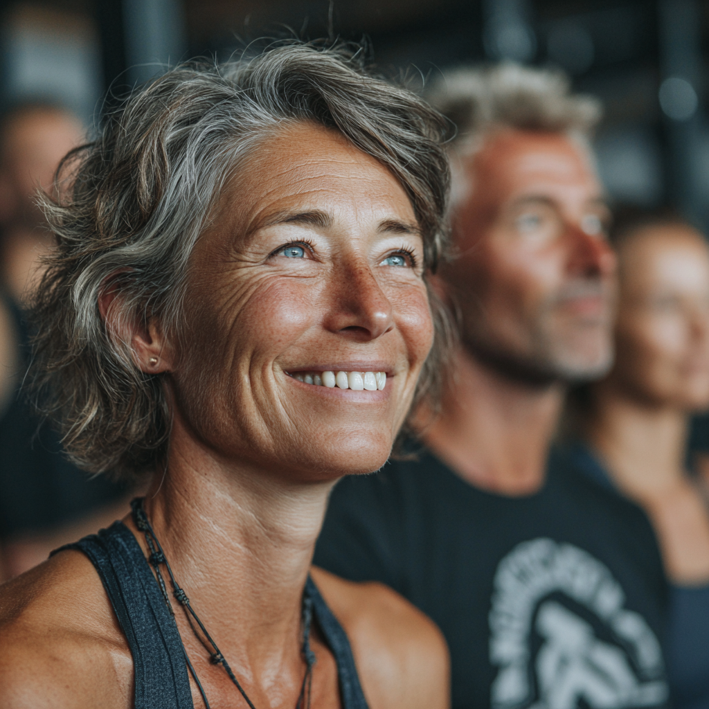 Grup de adulți în vârstă de 50-60 de ani zâmbind după o sesiune de antrenament reușită la zambrekiln, cu o atmosferă pozitivă și motivațională