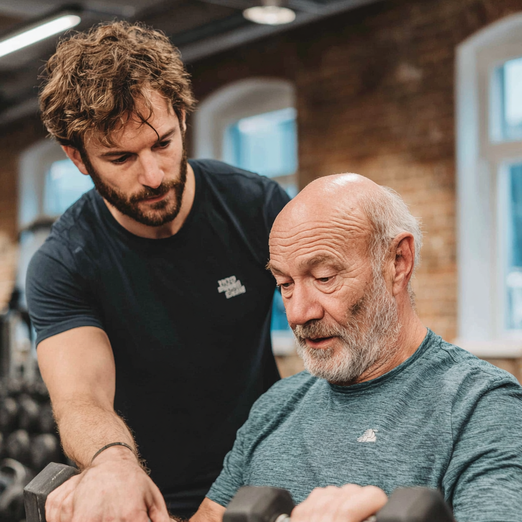 Antrenor personal lucrând cu un bărbat în vârstă de 52 de ani la zambrekiln, ghidându-l prin exerciții personalizate